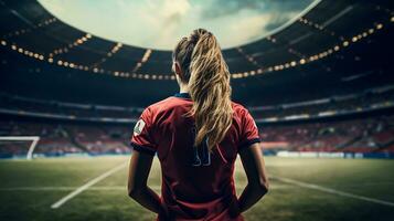 achterzijde visie van vrouw voetbal speler staand in stadion foto
