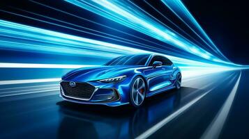 snel rit blauw luxe sport auto in beweging hoog snelheid Aan de weg ras bijhouden met beweging vervagen effect foto