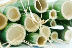 een bundel van bamboe stokjes gebonden samen met touw foto