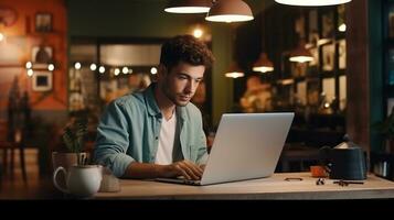 een jong Mens werken Aan een laptop, jongen freelancer of een leerling met een computer in een cafe achtergrond bokhe.ai generatief foto