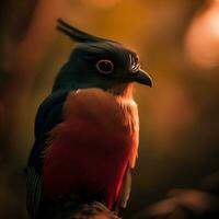 een klein vogel met een blauw hoofd en blauw veren zit Aan een Afdeling. ,ai gegenereerd foto