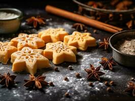 ai generatie. Koken Kerstmis koekjes in het formulier van sterren en sneeuwvlokken Aan een zwarte achtergrond. foto