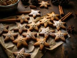 ai generatie. Koken Kerstmis koekjes in het formulier van sterren en sneeuwvlokken Aan een zwarte achtergrond. foto