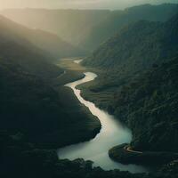 de Super goed neel rivier- weeft haar manier door de adembenemend landschap ,ai gegenereerd foto