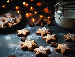 ai generatie. Koken Kerstmis koekjes in het formulier van sterren en sneeuwvlokken Aan een zwarte achtergrond. foto