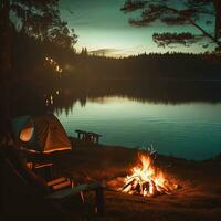 botvuur camping in Woud Bij nacht, wandelen nacht bot brand Aan vakantie winters ,ai gegenereerd foto