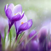 Purper bloemen in de regenen, saffraan bloem in een regenachtig seizoen ,ai gegenereerd foto