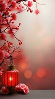 Chinese nieuw jaar rood achtergrond met Pruim bloesem en 3d lantaarn elementen ai gegenereerd foto