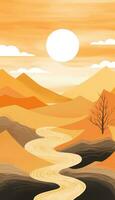 licht oranje waterverf berglandschap met mingei pop-geïnspireerd zon ai gegenereerd foto