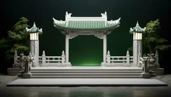 klein minimalistische stadium met wit en groen Chinese stad poort ai gegenereerd foto