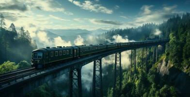 de trein is in beweging over- de brug foto