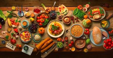 feestelijk tafel, veel gerechten van verschillend landen van de wereld - ai gegenereerd beeld foto