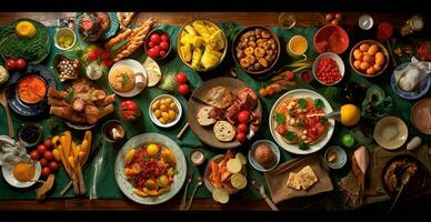 feestelijk tafel, veel gerechten van verschillend landen van de wereld - ai gegenereerd beeld foto