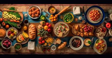 feestelijk tafel, veel gerechten van verschillend landen van de wereld - ai gegenereerd beeld foto