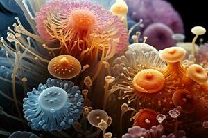 zeer uitvergroot rijk gedetailleerd macro afbeeldingen van gist cellen wisselwerking foto