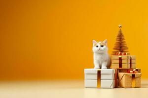 kat specifiek minimalistische stijl Kerstmis cadeaus geïsoleerd Aan een helling achtergrond foto