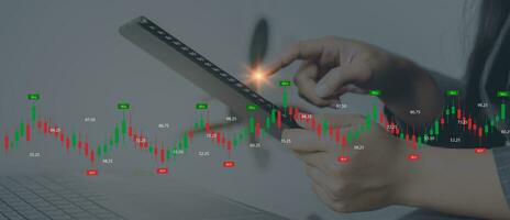 bedrijf groeit . analytisch zakenman planning bedrijf groei , strategie digitaal marketing, winst inkomen, economie, voorraad markt trends en bedrijf, technisch analyse strategie foto