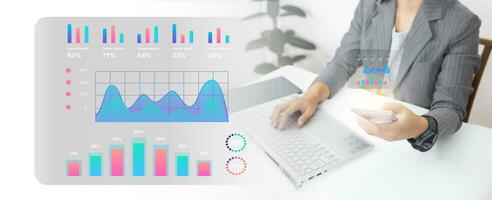 zakenvrouw werken Aan laptop tonen bedrijf analytics dashboard met grafieken, statistieken, en kpi naar analyseren prestatie en creëren in zicht rapporten voor operaties beheer. foto