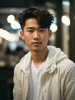 portret van een jong gelukkig Aziatisch Mens, vervelend een wit jasje - ai generatief foto