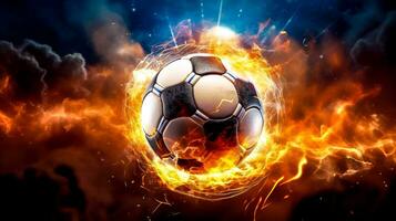 voetbal bal in flash energie van bliksem en brand foto