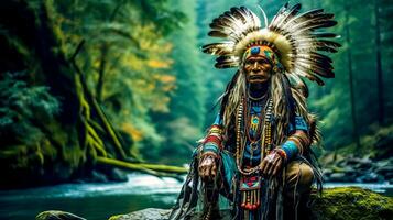 inheems Amerikaans leider in traditioneel kostuum presteert een ceremonie in de Woud De volgende naar de rivier, banier met kopiëren ruimte foto