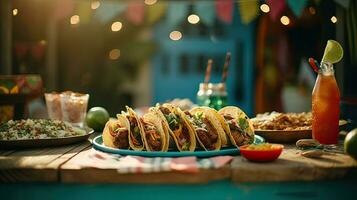 heerlijk taco's met drinken Aan de tafel ai generatief foto