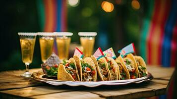 heerlijk taco's met drinken Aan de tafel ai generatief foto