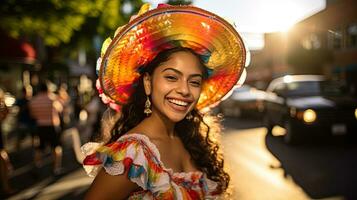 portret meisje vervelend sombrero dansen Aan de straat van stad ai generatief foto