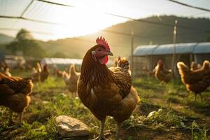 portret van een kip boerderij in de ochtend- met zon blootstelling ai generatief foto