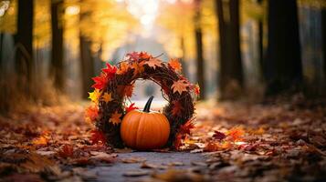 pompoen met herfst blad krans ai generatief foto