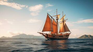 portret pinisi schip het zeilen Aan de zee met licht blootstelling ai generatief foto