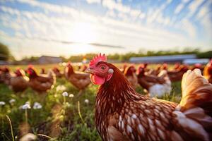 portret van een kip boerderij in de ochtend- met zon blootstelling ai generatief foto