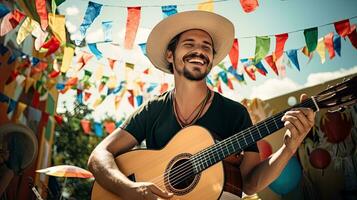 portret Mens vervelend sombrero spelen gitaar ai generatief foto