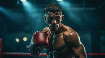 portret van een professioneel bokser in een vechten houding ai generatief foto