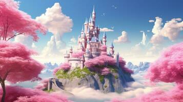 een fee verhaal kasteel met roze kers bomen foto