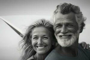 een ouderen paar staand samen Holding een surfboard foto