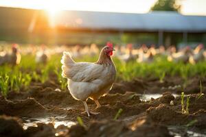 portret van een kip boerderij in de ochtend- met zon blootstelling ai generatief foto