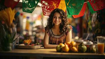 portret mooi vrouw met taco's Aan de tafel ai generatief foto