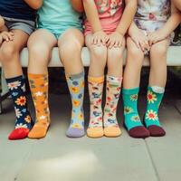 verschillend sokken Aan kinderen voeten. naar beneden syndroom bewustzijn. foto