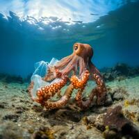 Octopus onderwater. plastic puin in haar tentakel. milieu vervuiling. foto