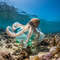 Octopus onderwater- plastic verontreiniging foto