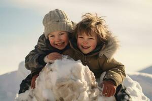 twee kinderen spelen samen in de sneeuw ai gegenereerd foto