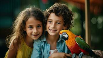 portret kinderen met papegaai in de dierentuin met licht blootstelling ai generatief foto