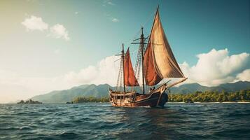 portret pinisi schip het zeilen Aan de zee met licht blootstelling ai generatief foto