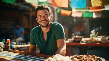 portret Mens met taco's Aan de tafel met licht blootstelling ai generatief foto