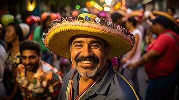 portret Mens vervelend sombrero hoed Aan de straat van stad ai generatief foto