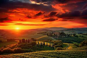 mooi Toscane landschap Bij zonsondergang. Italië, Europa. mooi zonsondergang Aan de rollend heuvels van Toscane, Italië, ai gegenereerd foto