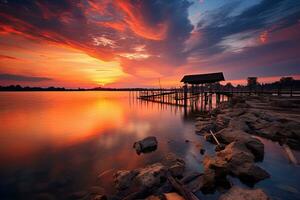 zonsondergang Aan de meer in de platteland van Thailand. lang blootstelling. mooi zonsondergang Bij de meer, Thailand. lang blootstelling schot, ai gegenereerd foto