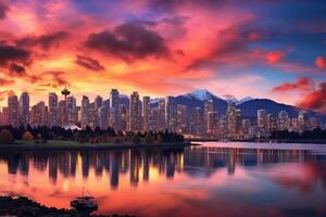 Vancouver horizon Bij zonsondergang, Vancouver, Amerika, mooi visie van downtown Vancouver horizon, Brits Colombia, Canada, ai gegenereerd foto