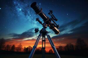 telescoop in voorkant van sterrenhemel lucht. 3d veroorzaken, groot sterrenkundig telescoop onder een schemering lucht klaar voor sterrenkijken, ai gegenereerd foto